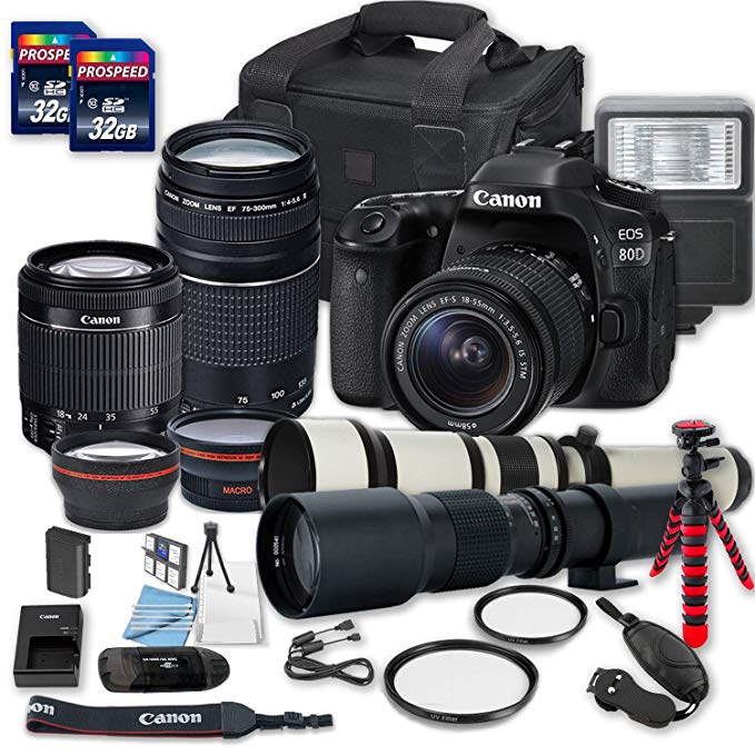 Canon EOS 80D DSLR Camera Bundle + 2 PC 16 GB Memory Card + Camera Case (3) W/18-55mm+75-300mm+500mm+650-1300mm Lenses