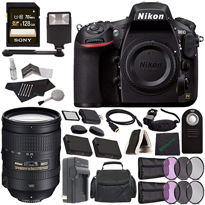Nikon D810 DSLR Camera (Body Only) + Nikon AF-S NIKKOR 28-300mm f/3.5-5.6G ED VR Lens + Battery + Charger + Sony 128GB SDXC Card + HDMI Cable + Remote + Memory Card Wallet + Flash Bundle