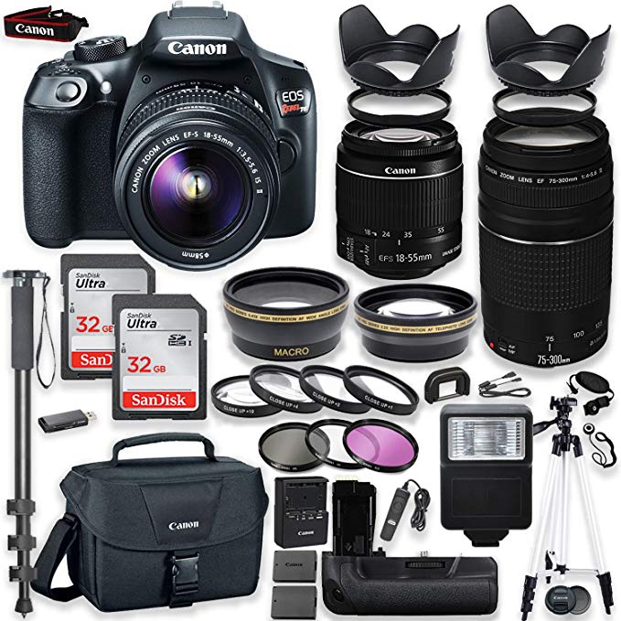 Canon EOS Rebel T6 DSLR Camera with Canon 18-55mm is II Lens & 75-300mm III Lens Kit + Battery Grip + Canon Case + 64GB Memory + Filters + Macros + Monopod + 50