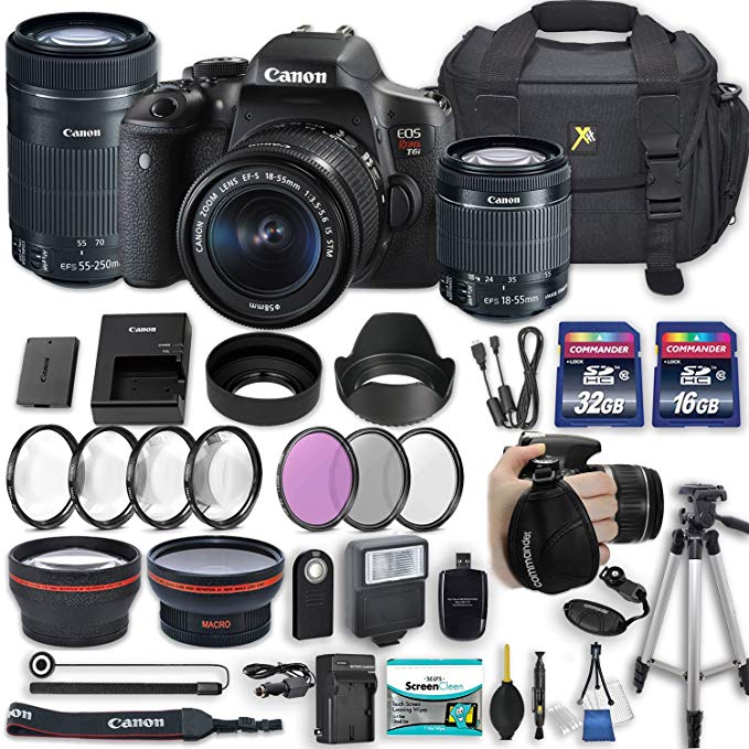 Canon EOS Rebel T6i 24.2 MP DSLR with Canon EF-S 18-55mm f/3.5-5.6 is STM Lens + Canon 55-250mm f/4-5.6 is STM Lens + 2 Memory Cards + 2 Aux Lenses + 50