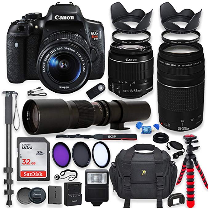Canon EOS Rebel T6i DSLR Camera with 18-55mm STM Lens Bundle + Canon EF 75-300mm f/4-5.6 III Lens and 500mm Preset Lens + 32GB Memory + Filters + Monopod + Spider Tripod + Professional Bundle