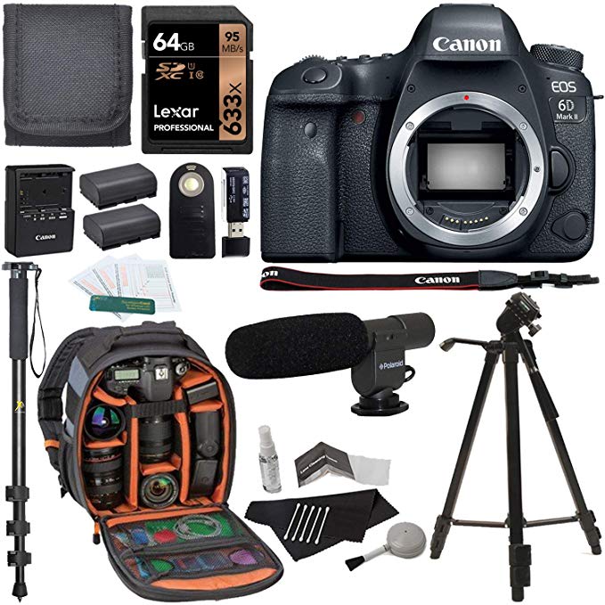 Canon EOS 6D Mark II Digital SLR Camera Body, Sandisk Ultra 64GB 2 Pack, Ritz Gear Camera Backpack, Tripod, Replacement Battery, Cleaning Kit, Monopod with Quick Release, and Accessory Bundle