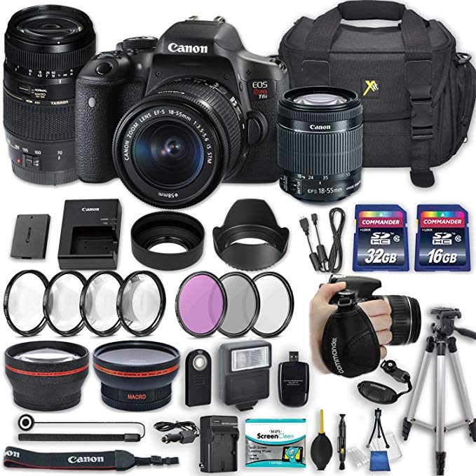 Canon EOS Rebel T6i 24.2 MP DSLR Camera with Canon EF-S 18-55mm f/3.5-5.6 is STM Lens + Tamron 70-300mm f/4-5.6 Di LD Lens + 2 Memory Cards + 2 Aux Lenses + 50