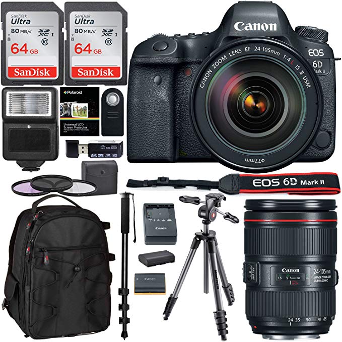 Canon EOS 6D Mark II DSLR Camera, 24-105 IS II USM Lens, Manfrotto Compact Light Aluminum Tripod (Black), Memory Cards, SLR Camera Backpack, XIT Filter Kit and Accessory Bundle