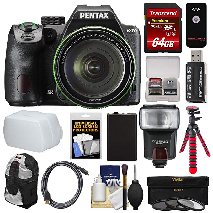 Pentax K-70 All Weather Wi-Fi Digital SLR Camera & 18-135mm WR Lens (Black) with 64GB Card + Backpack + Flash + Battery + Tripod + Filters + Remote + Kit