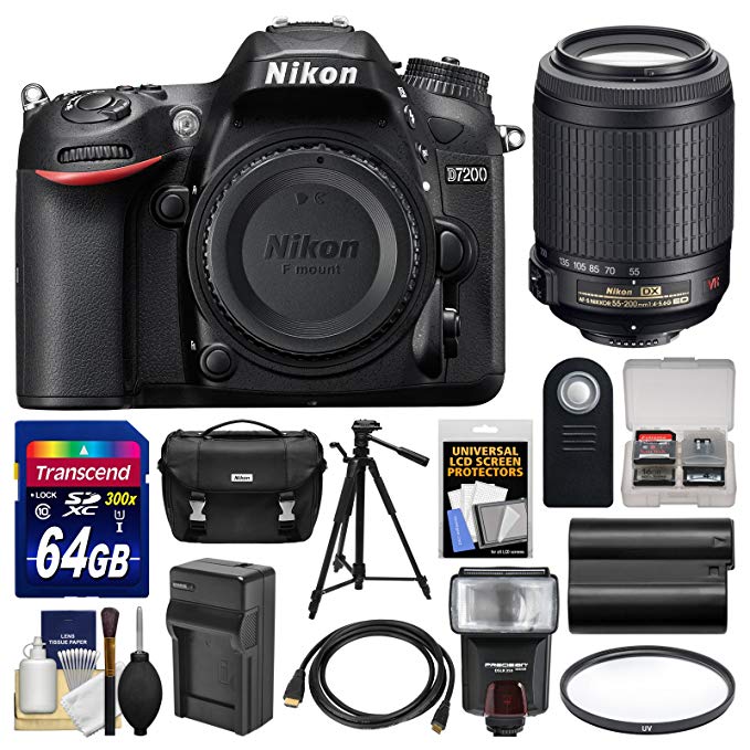Nikon D7200 Wi-Fi Digital SLR Camera Body with 55-200mm VR II Lens + 64GB Card + Case + Flash + Battery/Charger + Tripod + Kit