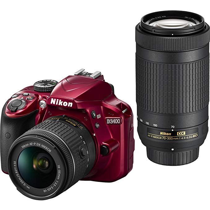 Nikon D3400 DSLR Camera w/ AF-P DX NIKKOR 18-55mm f/3.5-5.6G VR and 70-300mm f/4.5-6.3G ED Lens, 16GB memory included - Red