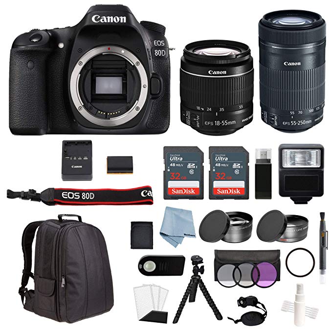 Canon EOS Rebel 80D Bundle With EF-S 18-55mm IS STM & EF-S 55-250mm IS STM Lenses + Advanced Accessory Kit - Including EVERYTHING You Need To Get Started