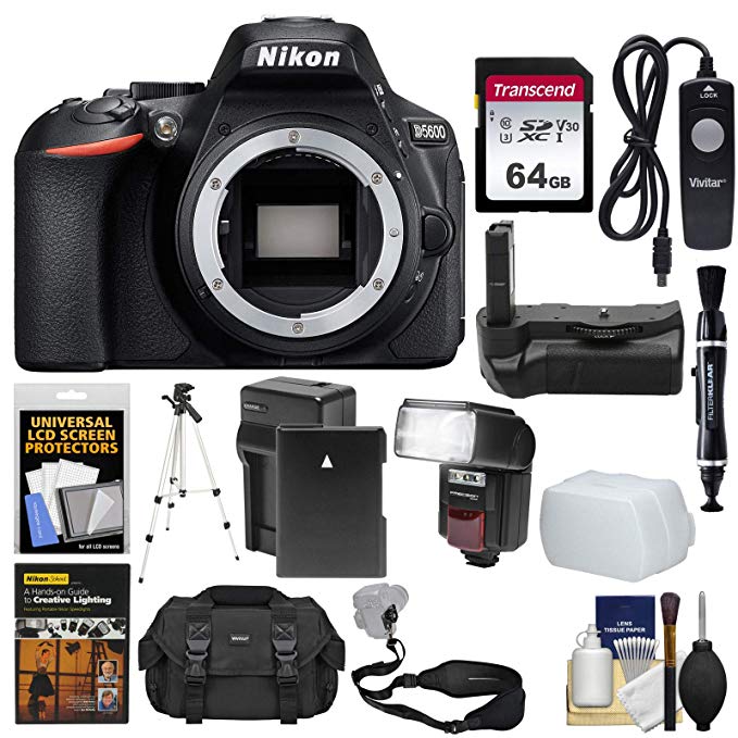 Nikon D5600 Wi-Fi Digital SLR Camera Body with 64GB Card + Case + Flash + Battery & Charger + Grip + Tripod + Remote + Kit