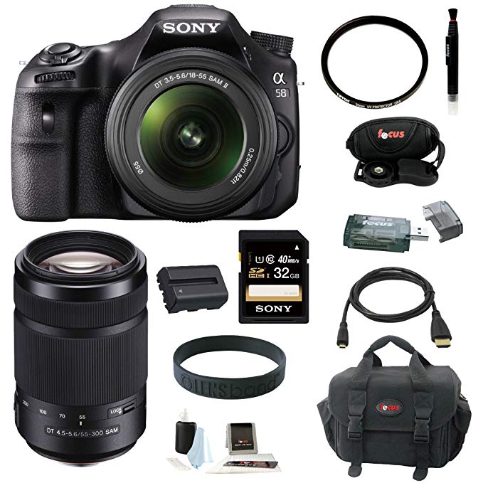 Sony Alpha a58 DSLR Camera with DT 18-55mm f/3.5-5.6 SAM II Lens and Sony 55-300mm F/4.5-5.6 DT A-Mount Zoom Lens for Sony Alpha Digital SLR Cameras plus 32GB Deluxe Accessory Bundle