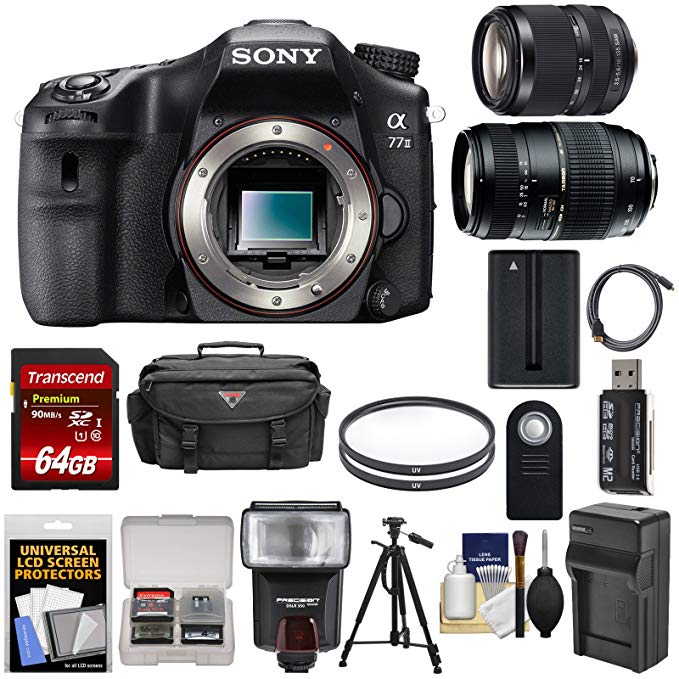 Sony Alpha A77 II Wi-Fi Digital SLR Camera Body with 18-135mm & 70-300mm Lens + 64GB Card + Battery/Charger + Case + Tripod + Flash + Kit