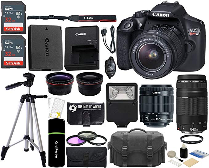 Canon EOS Rebel T6 18MP Wi-Fi DSLR Camera with 18-55mm IS II Lens + EF 75-300mm III Lens + 2x SanDisk 32GB Card + Wide Angle Lens + Telephoto Lens + Flash + Grip + Tripod - 64GB Accessories Bundle