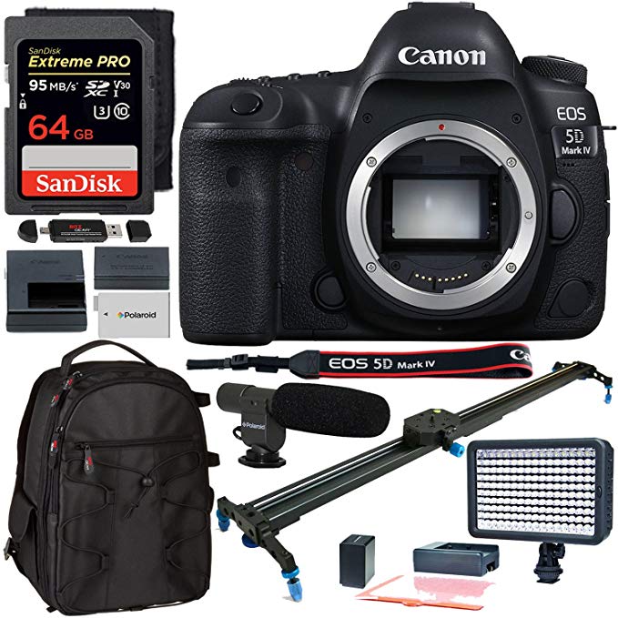Canon EOS 5D Mark IV Digital SLR Camera ‑ Body Only, Polaroid 24-Inch Rail Track Slider, SanDisk 64GB Extreme Memory Card, Polaroid 160 LED Light, Microphone, and Accessory Bundle