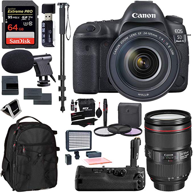 Canon EOS 5D Mark IV Full Frame Digital SLR Camera with EF 24-105mm f/4L is II USM Lens Kit, Sandisk 64GB, Polaroid 160 LED Video Light, Microphone, Backpack and Accessory Bundle