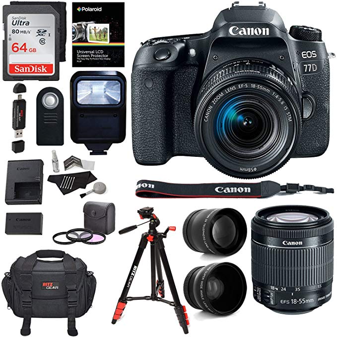 Canon EOS 77D Camera, EF-S 18-55 IS STM Lens, Sandisk 64GB Memory, Ritz Gear Premium SLR Camera Bag, Filter Kit, Flash and Accessory Bundle