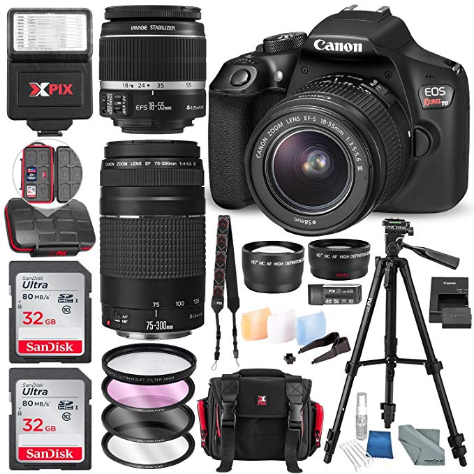 Canon EOS Rebel T6 DSLR Camera W/EF-S 18-55mm f/3.5-5.6 IS II Lens - 75-300mm Lens, 2X 32GB along with Deluxe Accessories Bundle