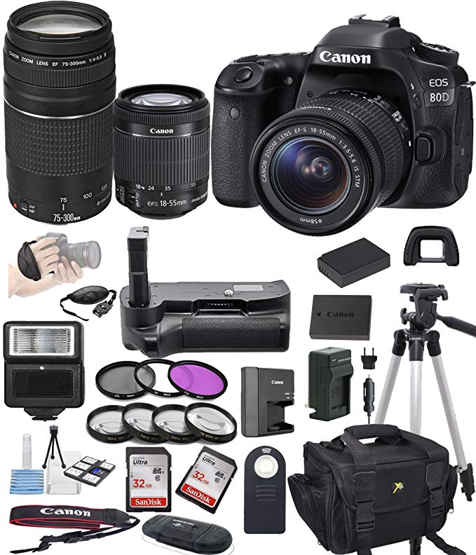 Canon EOS 80D Digital SLR Camera w/ EF-S 18-55mm + 75-300mm Telephoto Zoom Lens Bundle includes Camera, Lenses, Filters, Bag, Memory Cards , Power Grip, Tripod ,and More - International Version