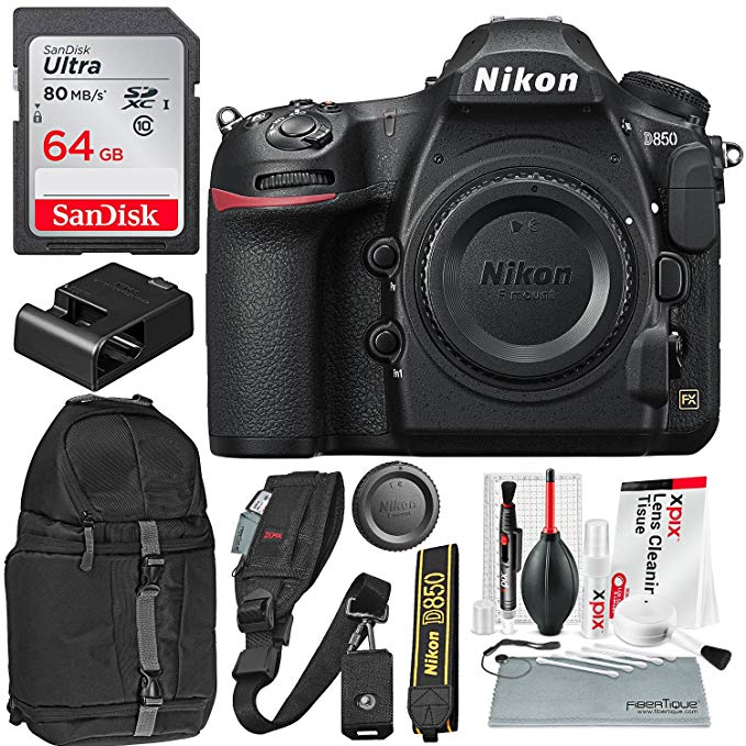 Nikon D850 FX-format Digital SLR Camera Body and Accessory Bundle w/ 64GB + DSLR Sling Backpack + Xpix Shoulder Strap & Pro Cleaning Kit