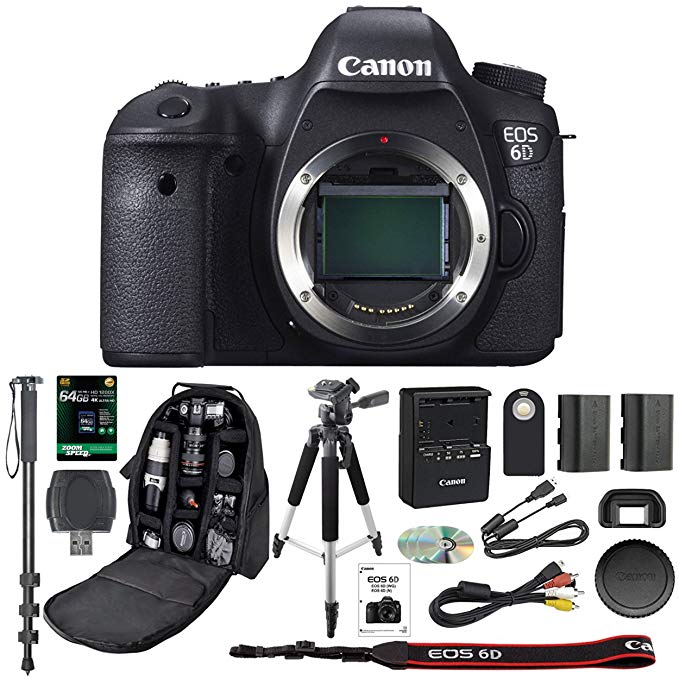 Canon EOS 6D Digital SLR Camera With Wifi Body Only + 64GB SDXC Card + Deluxe Tripod + Pro Monopod + SLR Backpack + Spare LP-E6 Battery + Remote Control + SD Reader & More - International Version