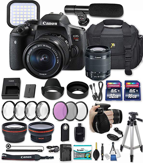 Canon EOS Rebel T6i 24.2 MP DSLR Camera with Canon EF-S 18-55mm f/3.5-5.6 IS STM Lens + 32GB & 16GB Memory Cards + Professional Kit + Accessory Bundle (Professional Video Kit)