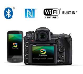 Nikon D500 DSLR rear of the camera and smartphone with the Snapbridge app logo showcasing connectivity